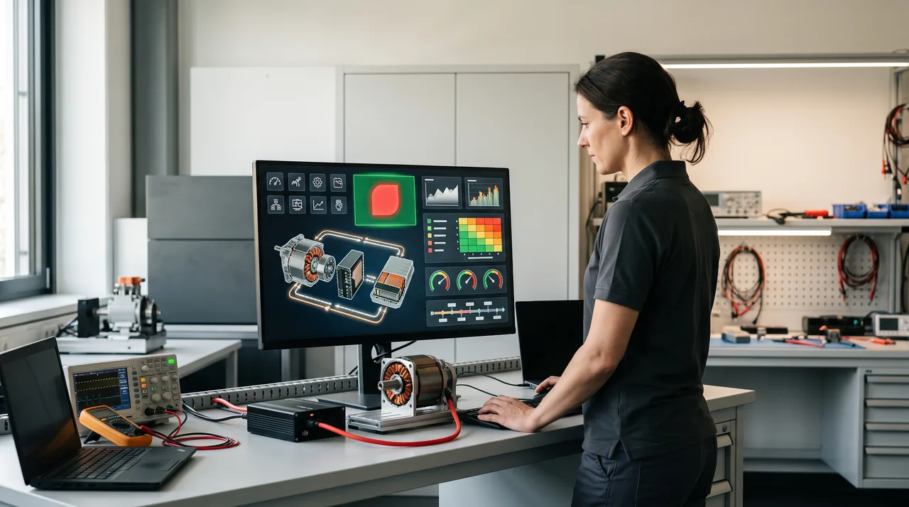 Engineer analysing an electric drive system at a test bench