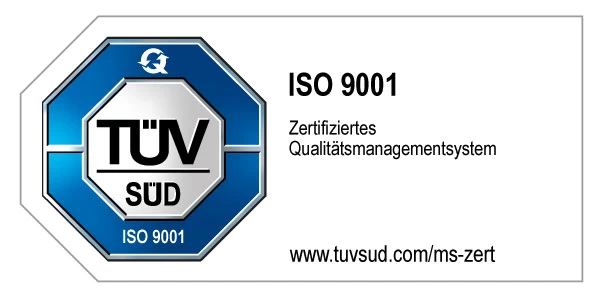 TÜV-SÜD-Prüfzeichen – ISO 9001:2015, Zertifiziertes Qualitätsmanagementsystem, www.tuvsud.com/ms-zert