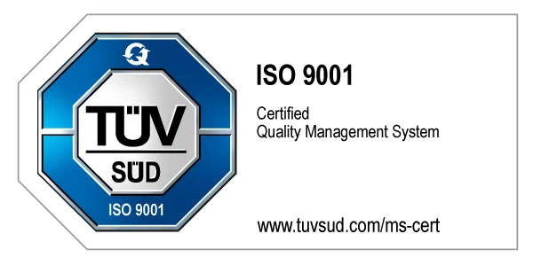 TÜV SÜD certification mark – ISO 9001:2015, Certified Quality Management System, www.tuvsud.com/ms-cert